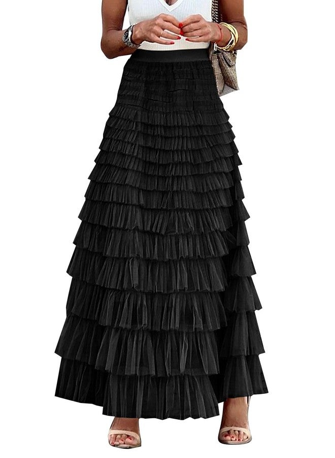 flygo تنورة تول طويلة ماكسي نسائية من فلايغو، بتصميم A-line، مزينة بكشكشة، بخصر عالٍ، متعددة الطبقات، مع تنورة داخلية من التول الشبكي (أسود - مقاس L) - Image 1